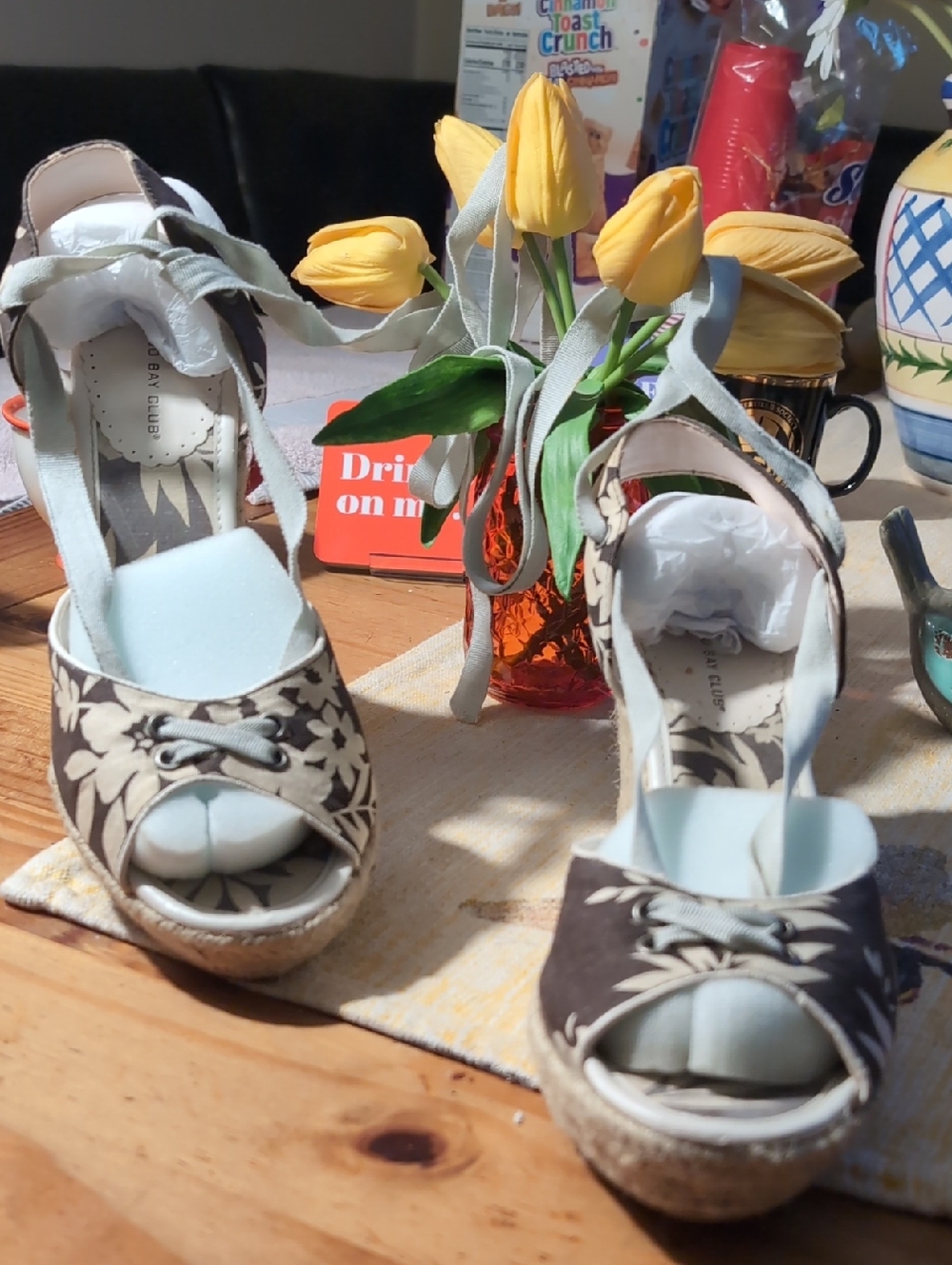 Montego Bay Club Brown and Cream Floral Wedge Espadrilles with Ankle Ties